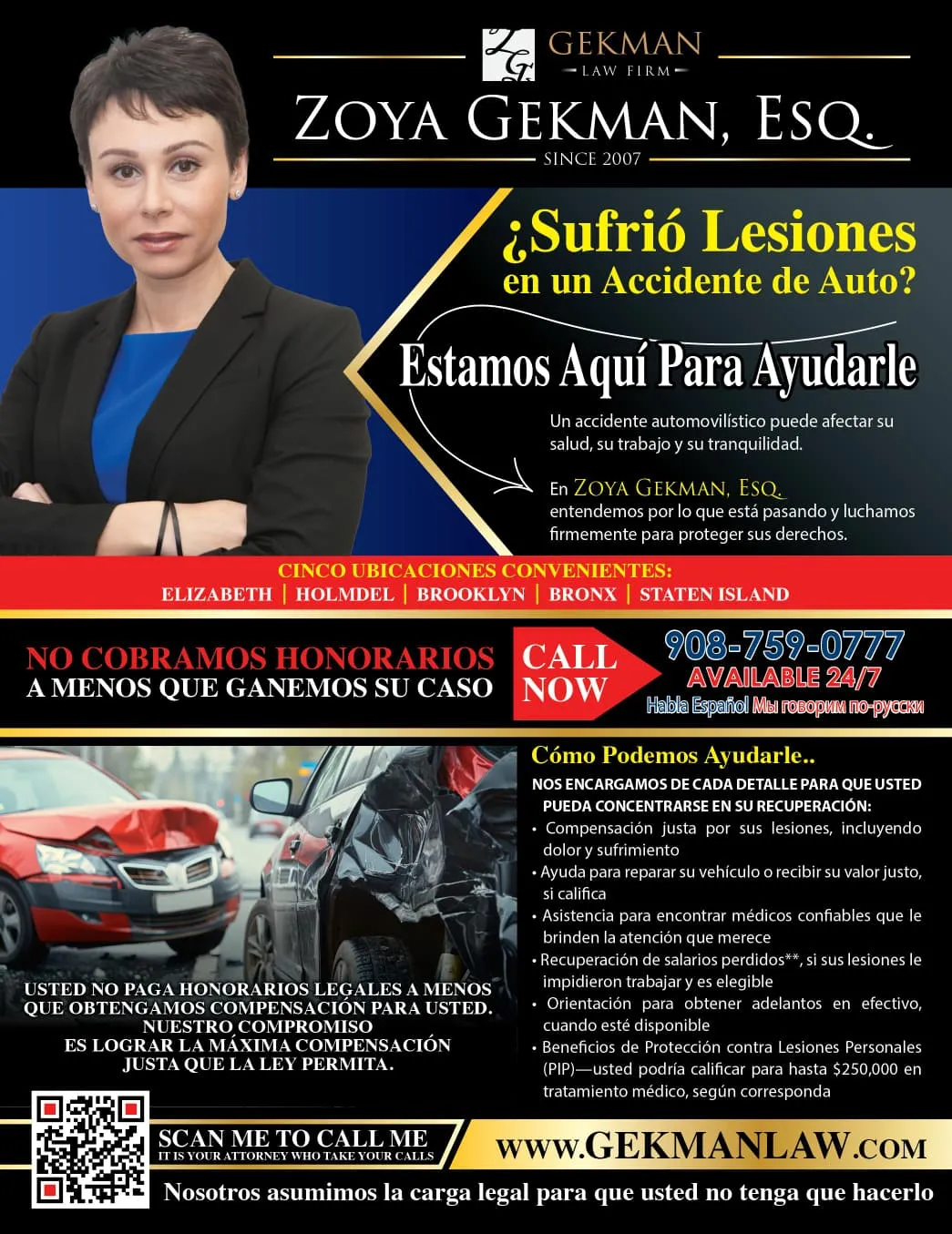 Folleto en español de Gekman Law Firm con la foto de Zoya Gekman. El texto completo del folleto aparece debajo.